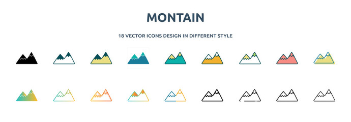 montain icon in 18 different styles such as thin line, thick line, two color, glyph, colorful, lineal color, detailed, stroke and gradient. set of montain vector for web, mobile, ui