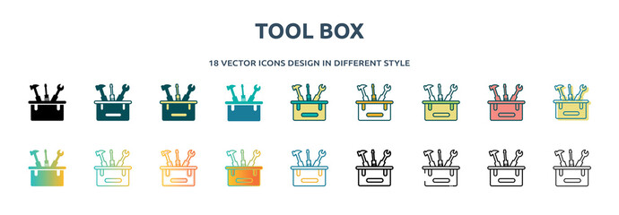 tool box icon in 18 different styles such as thin line, thick line, two color, glyph, colorful, lineal color, detailed, stroke and gradient. set of tool box vector for web, mobile, ui