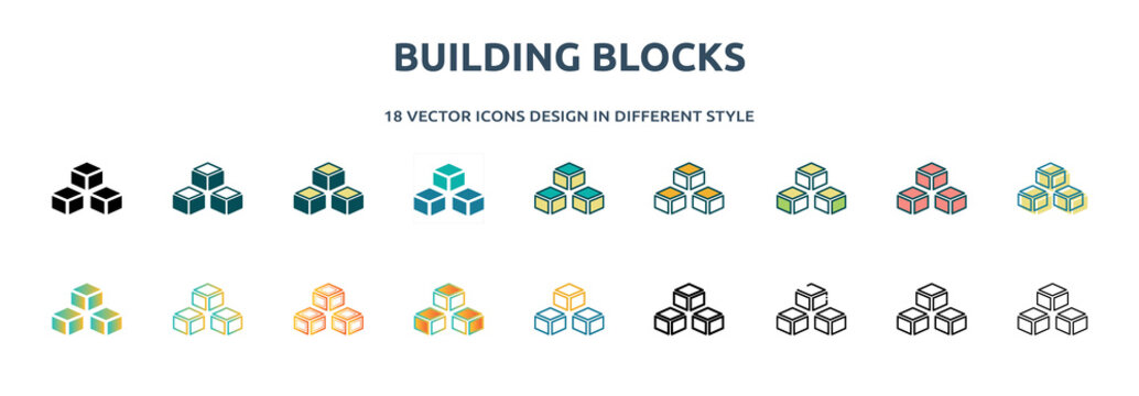 building blocks icon in 18 different styles such as thin line, thick line, two color, glyph, colorful, lineal color, detailed, stroke and gradient. set of building blocks vector for web, mobile, ui