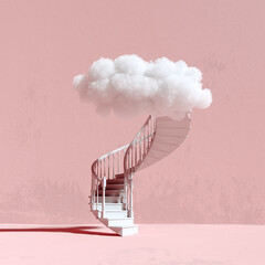 Stairs leading to the clouds on pink background 3D Rendering, 3D Illustration