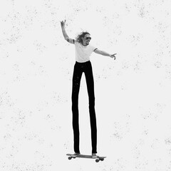 Contemporary art collage with young man with long drawn legs wearing in 60s, 70s outfit skateboarding on longboard isolated on paper effect background.