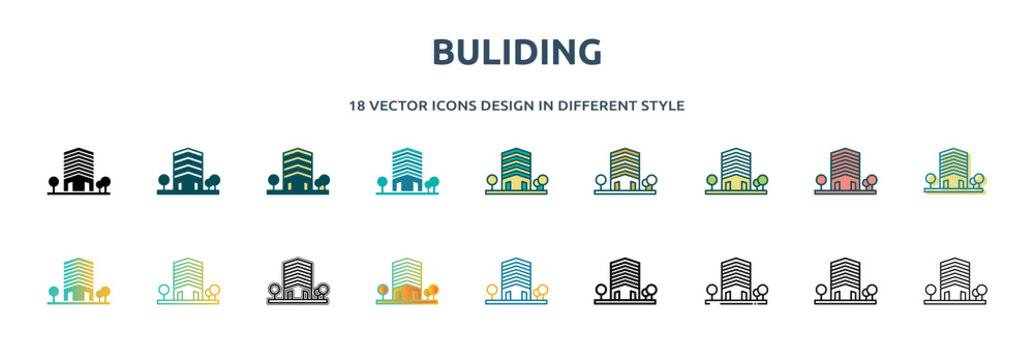 buliding icon in 18 different styles such as thin line, thick line, two color, glyph, colorful, lineal color, detailed, stroke and gradient. set of buliding vector for web, mobile, ui