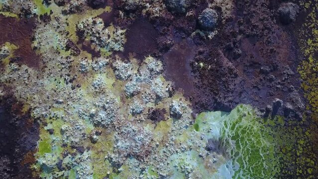 Spectacular drone view of unique hydrothermal depression, crazy abstact colours. Dallol Volcano, Ethiopia