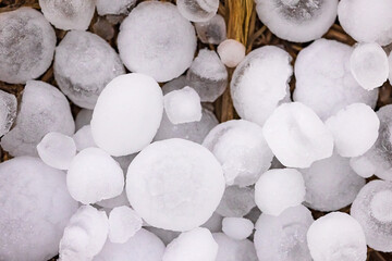 Background of hailstones on the ground, a lot of hailstones