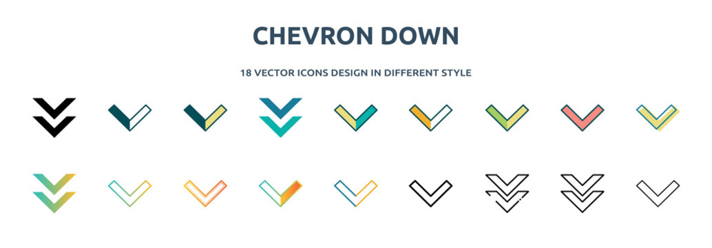 chevron down icon in 18 different styles such as thin line, thick line, two color, glyph, colorful, lineal color, detailed, stroke and gradient. set of chevron down vector for web, mobile, ui