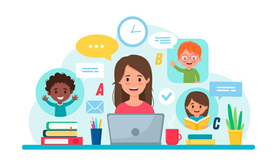  Study at home, online test, distance learning concept.Teacher teaches children online. 
Online learning.Flat style.Vector illustration. 