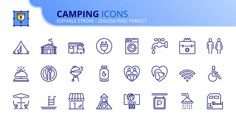 Simple set of outline icons about camping services.