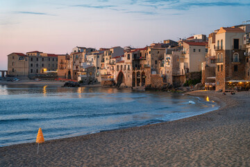 Beautiful view over a beach town of Cefalu, medieval village of Sicily island, Province of Palermo,...