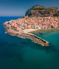 Poster Beautiful view over a beach town of Cefalu, medieval village of Sicily island, Province of Palermo, Italy © Evgeni