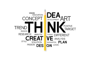 Creative idea concept. Yellow pencil is combined with words related to workflow and creativity words cloud that easy to understand and easy to remember. Symbol of the creative process. illustration.