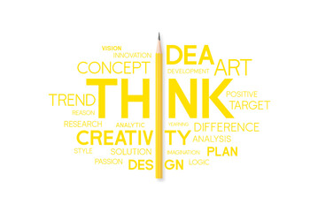 Creative idea concept. Yellow pencil is combined with words related to workflow and creativity words cloud that easy to understand and easy to remember. Symbol of the creative process. illustration. © Witaya