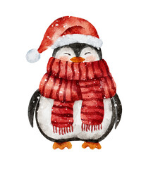 Watercolor penguin in red scarf and christmas cap © Nataliia Pyzhova