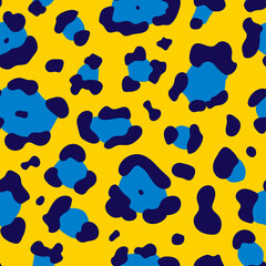 Leopard seamless pattern. Vector hand drawn wild animal leo skin, yellow and blue cheetah spots texture for fashion print design, fabric, textile, wrapping paper, background, wallpaper