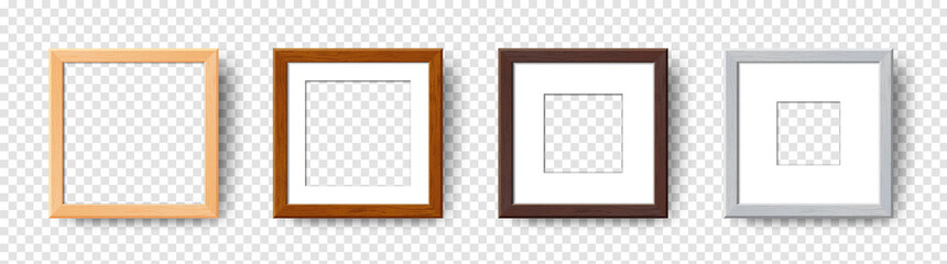 Empty Wooden Wall Frames set. Vector Realistic wood picture frame mockup template with shadow on transparent background. Mockup for poster, banner, photo gallery, painting, presentation.