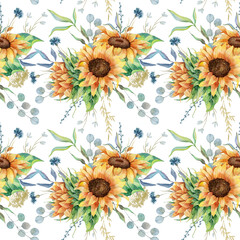 Fototapeta na wymiar Watercolor seamless pattern with sunflowers, leaves and branches. Summer pattern design. Arrangements with yellow sunflowers. Sunflower field.