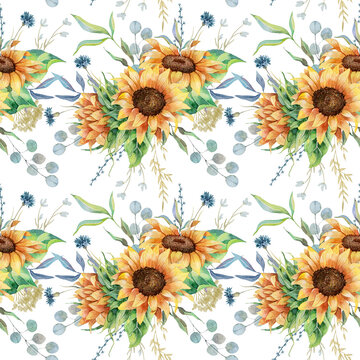 Watercolor seamless pattern with sunflowers, leaves and branches. Summer pattern design. Arrangements with yellow sunflowers. Sunflower field.