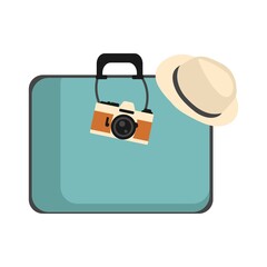 Travel Vintage Suitcase, camera and hat. Elements for your Travel design. Flat vector illustration.
