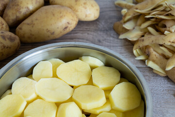 Frisch geschälte und geschnittene Kartoffeln im Kochtopf