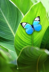 Exotic blue butterfly on green leaf. Summer concept.