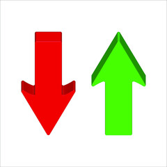 Up and Down sign with 3d green and red arrows vector. 3d design vector illustration concept of sales bar chart symbol icon with arrow moving down and sales bar chart with arrow moving up.	