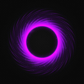 Purple Light Circle With Sparkles. A Purple Flash Flies In A Circle In A Luminous Ring. Abstract Glittering Swirl.