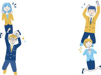 スーツ姿の男女のフレーム　喜ぶ　笑顔　ジャンプ 　3c