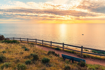 Fototapeta na wymiar Hallett Cove trail at sunset viewed from the lookout, South Australia