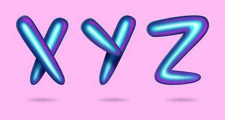 3d holographic lettering. Iridescent gradient letters X Y Z. Typographic minimalistic element. Golden font rainbow color. Vibrant gradient shape abc. Liquid neon color alphabet. Vector illustration