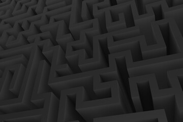 Black maze, complex way to find the exit 3d illustration. Abstract three-dimensional labyrinth background