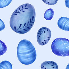 Seamless pattern of watercolor eggs in blue.