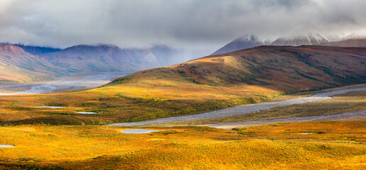 Autumn landscape with tundra and mountains in Denali National Park, Alaska