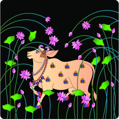 Holy cow in Kalamkari Indian traditional folk art on linen fabrics. It can be used for a coloring book, textile/ fabric prints, phone case, greeting card. logo, calendar