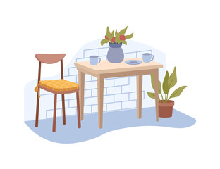 Dining room or kitchen interior, furniture and accessories for design. Wooden table with cup of coffee and vase with flowers. Houseplant and chair with pillow. Vector in flat style illustration