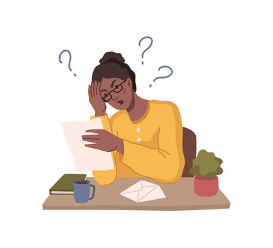 Displeased woman reading bad news on paper. Isolated manager or workers with letters or messages. Businesswoman or worker on workplace frustrated. Flat cartoon character, vector illustration