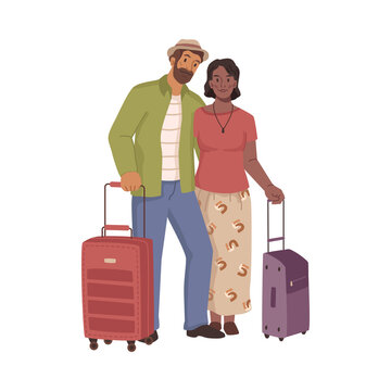 Happy couple with luggages ready for flight and rest, vacation and journey. Leisure and relaxation, trip and tourism. Man and woman with baggages. Flat cartoon character, vector illustration