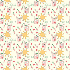 Seamless pattern with cartoon rabbits for kids. Abstract background with cute animals and sun.