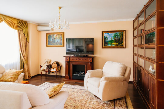 The interior of the living room with a bookcase, fireplace, TV and paintings.