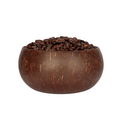 Wooden handmade coconut bowl filled with coffee beans. Environmentally friendly kitchenware. On an isolated background. A Zero Waste product.