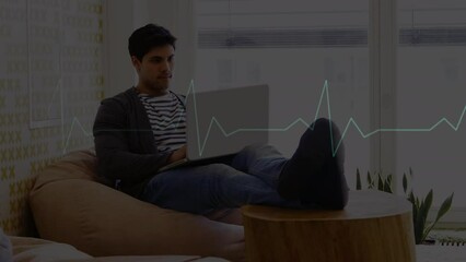 Animation of cardiograph over biracial businessman using laptop - Powered by Adobe