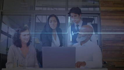 Animation of cardiograph over diverse business people using laptop - Powered by Adobe