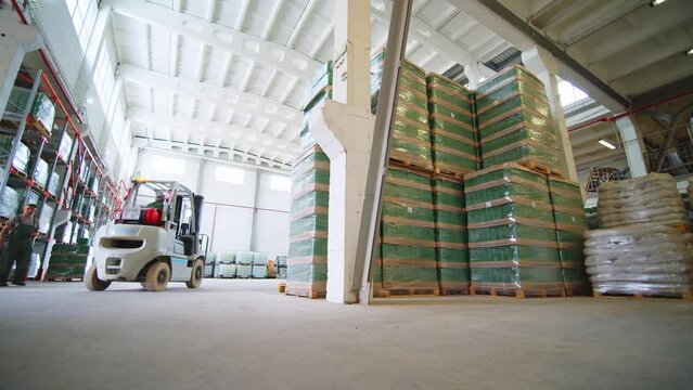 Forklift Trucks Move At Modern Green Warehouse 