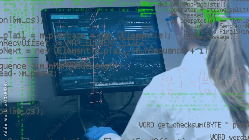 Poster animation of data processing over caucasian female scientist using computer