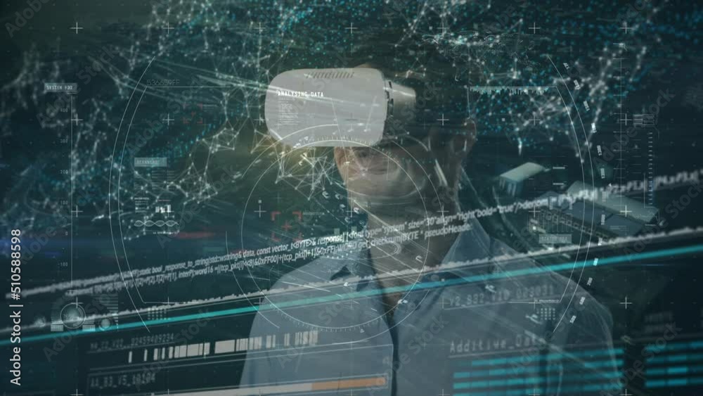 Poster animation of scope scanning and data processing over biracial man man using vr headset