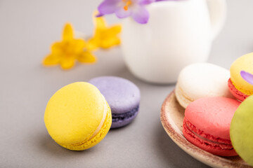 Multicolored macaroons with spring snowdrop crocus flowers and cup of coffee on gray pastel background. side view, close up, selective focus.