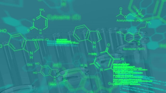 Animation of data processing and chemical formula over empty test tubes in lab