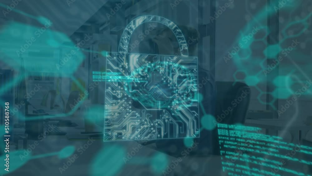 Poster animation of scope scanning and data processing over caucasian businessman using vr headset