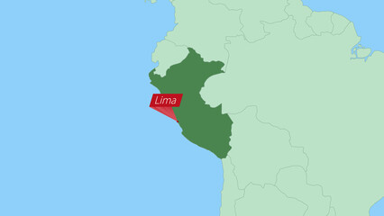 Map of Peru with pin of country capital. © boldg