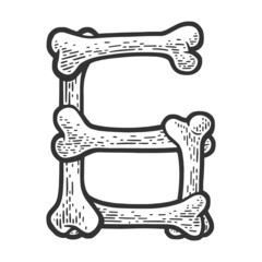 number figure 6 made of bones sketch engraving raster illustration. Bones font. T-shirt sticker apparel print design. Scratch board imitation. Black and white hand drawn image.