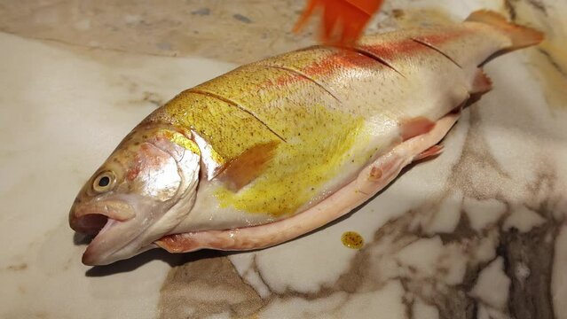 Applying the marinade with a silicone brush on fresh peeled trout. Marinade of spices and olive oil. Preparation of fish for baking.