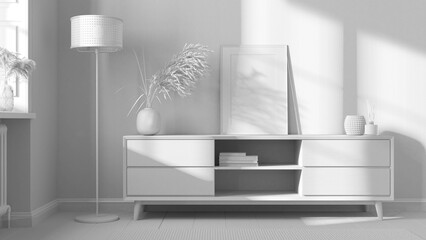 Total white project draft, wooden living room, frame mock up, modern commode, chest of drawers, wallpaper, window and parquet. Interior design background, scandinavian style